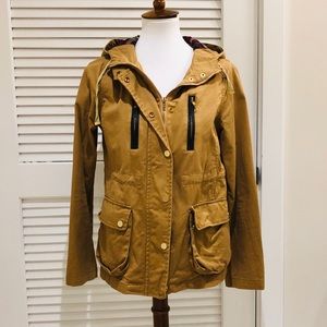 Camel Utility Jacket with plaid lined hood